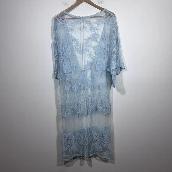 Womens Pastel Blue Lace Long Line Cardigan One Size Fairycore Boho Romantic - Picture 4 of 5